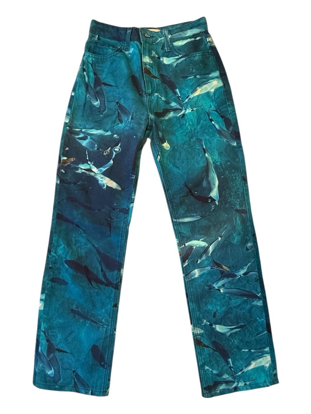 Zara Turquoise Fish Print wide Leg Jeans Size 2 New Without Tags